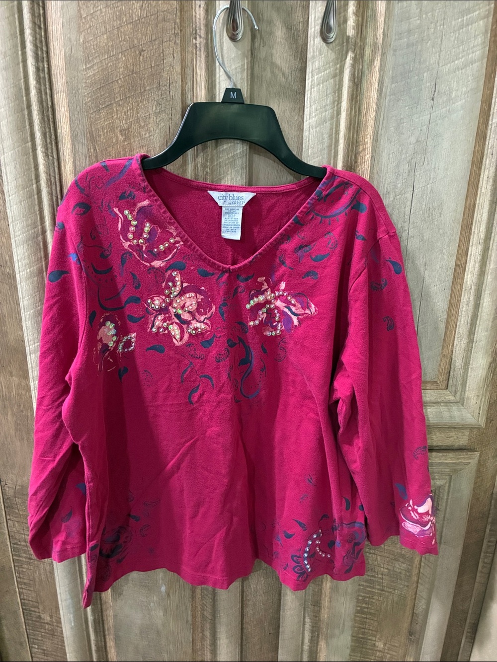 Koret Raspberry Pink Embellished V-Neck Long Sleeve Tee